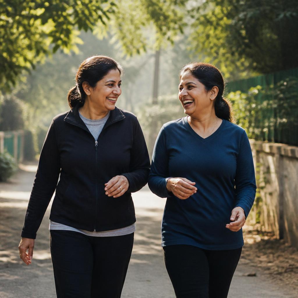 Two women walking together outdoors, laughing in warm morning light