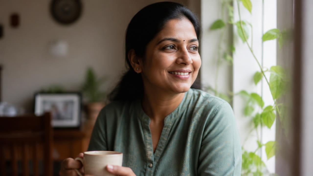 Woman in her late thirties smiling gently in soft natural window light
